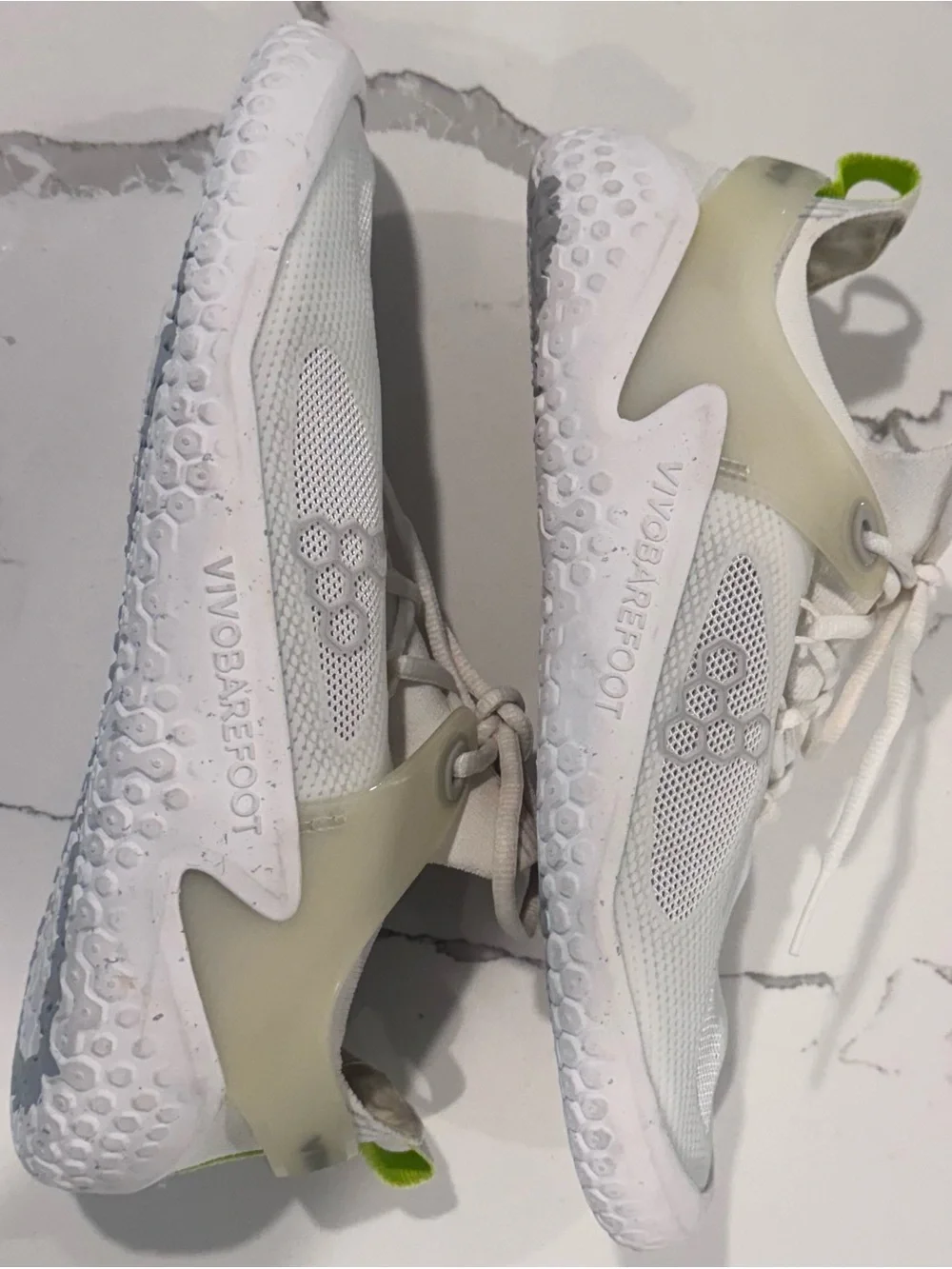 Vivo Barefoot Women’s White Mesh Minimalist Sneakers with Lime Pull Tab